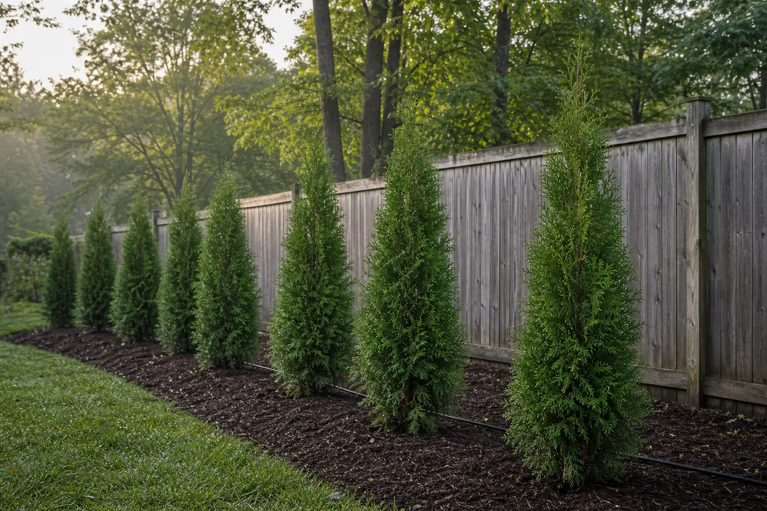 Newly planted row of narrow arborvitae with a continuous mulched bed and drip tubing