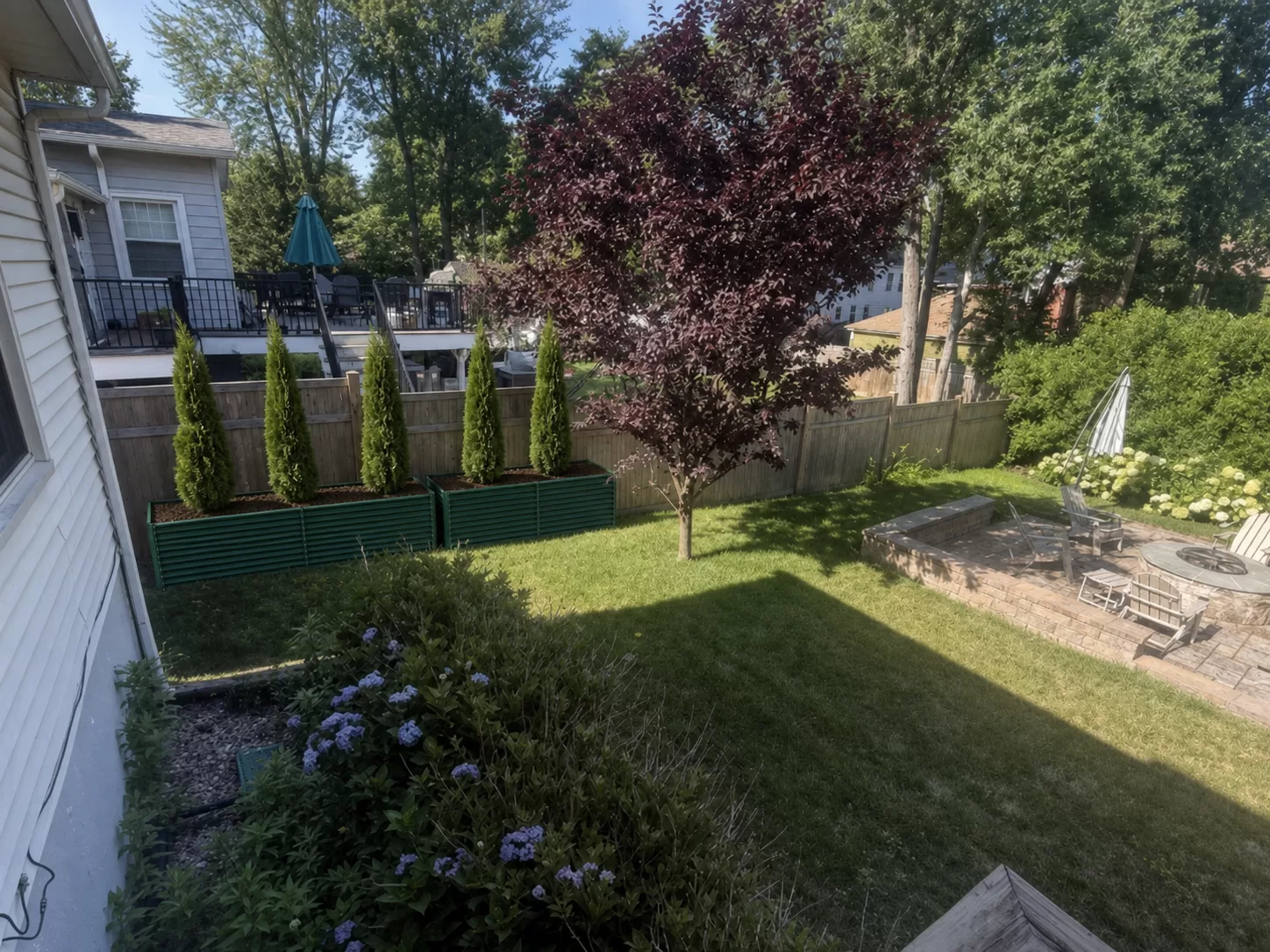 Concept rendering of two tall raised garden beds planted with narrow evergreen screening trees beside a backyard fence